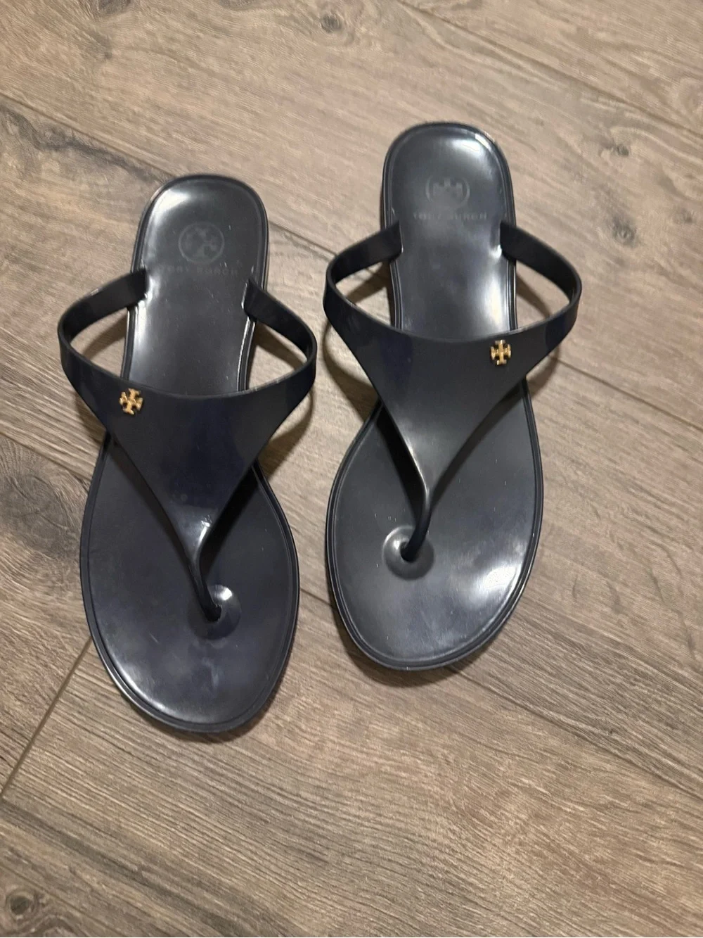 Tory Burch Navy Jelly Logo Thong Sandals with Gold Emblem